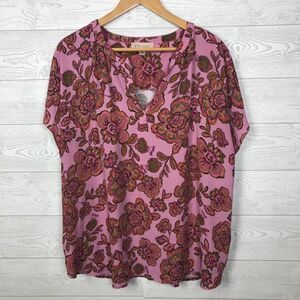 Philosophy Women's Floral Print Short Sleeve V Neck Blouse Shirt Pink Size 1X